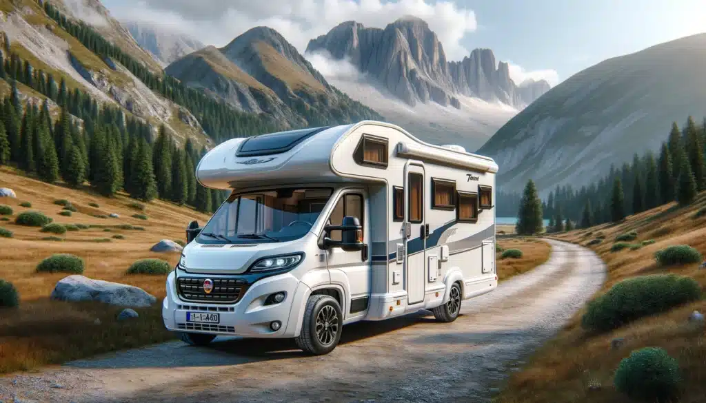 Camping-car dans paysage montagneux.