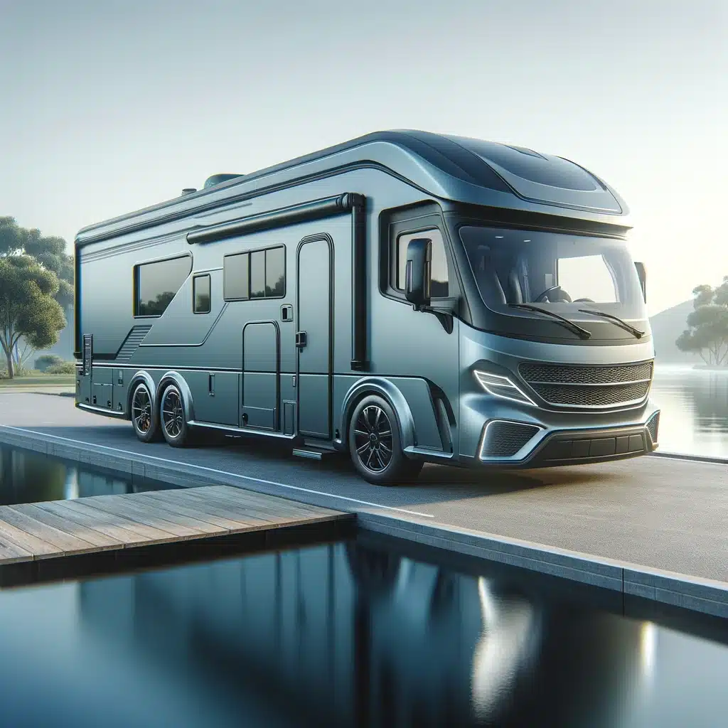 Camping-car moderne et luxueux au bord de l'eau.