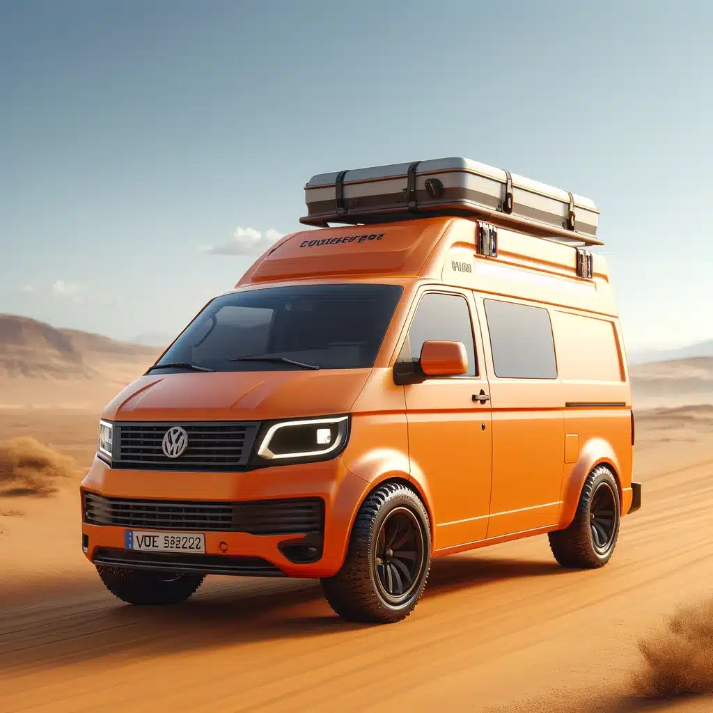 Fourgon Volkswagen orange dans le désert.