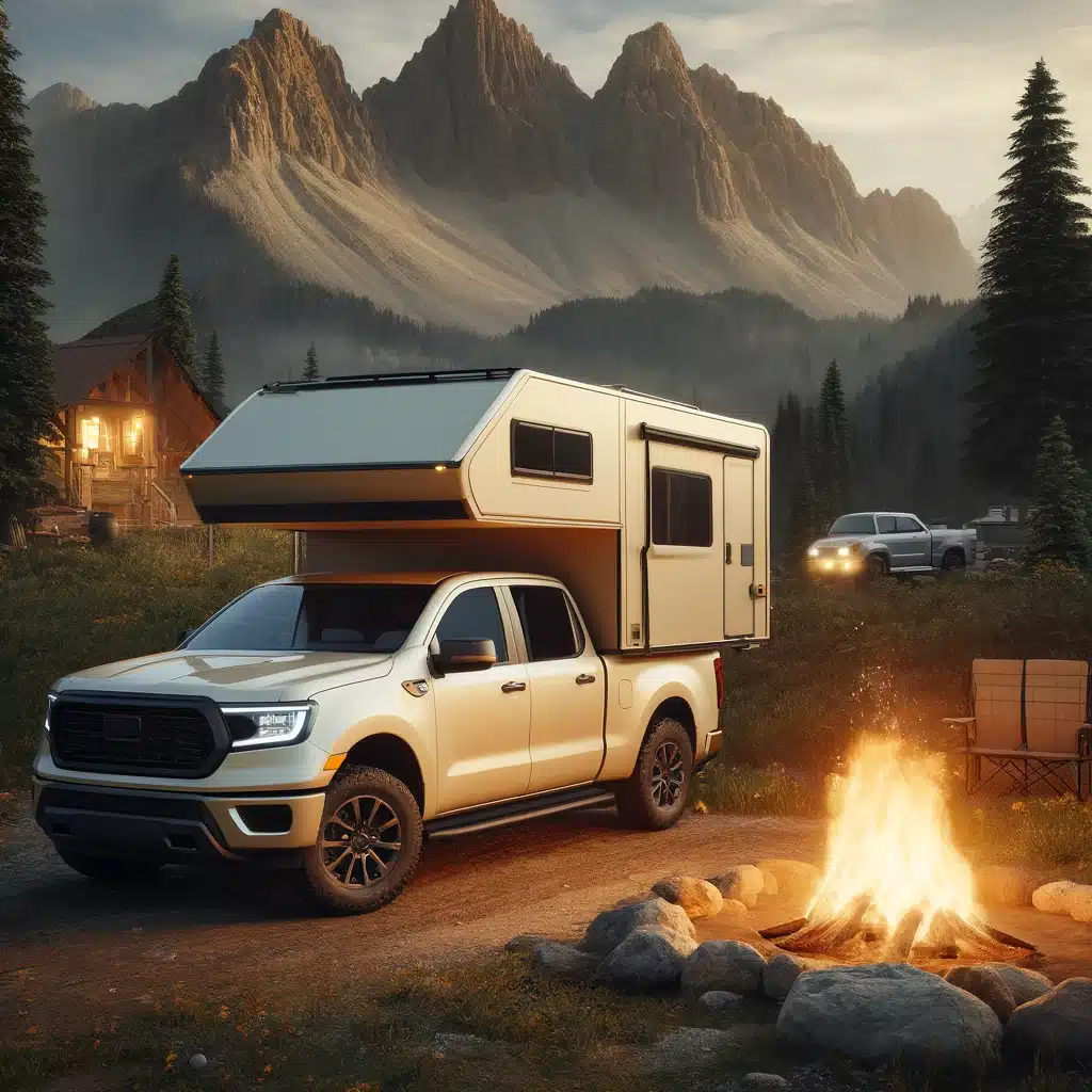 Camionnette camping feu de camp montagnes coucher de soleil.