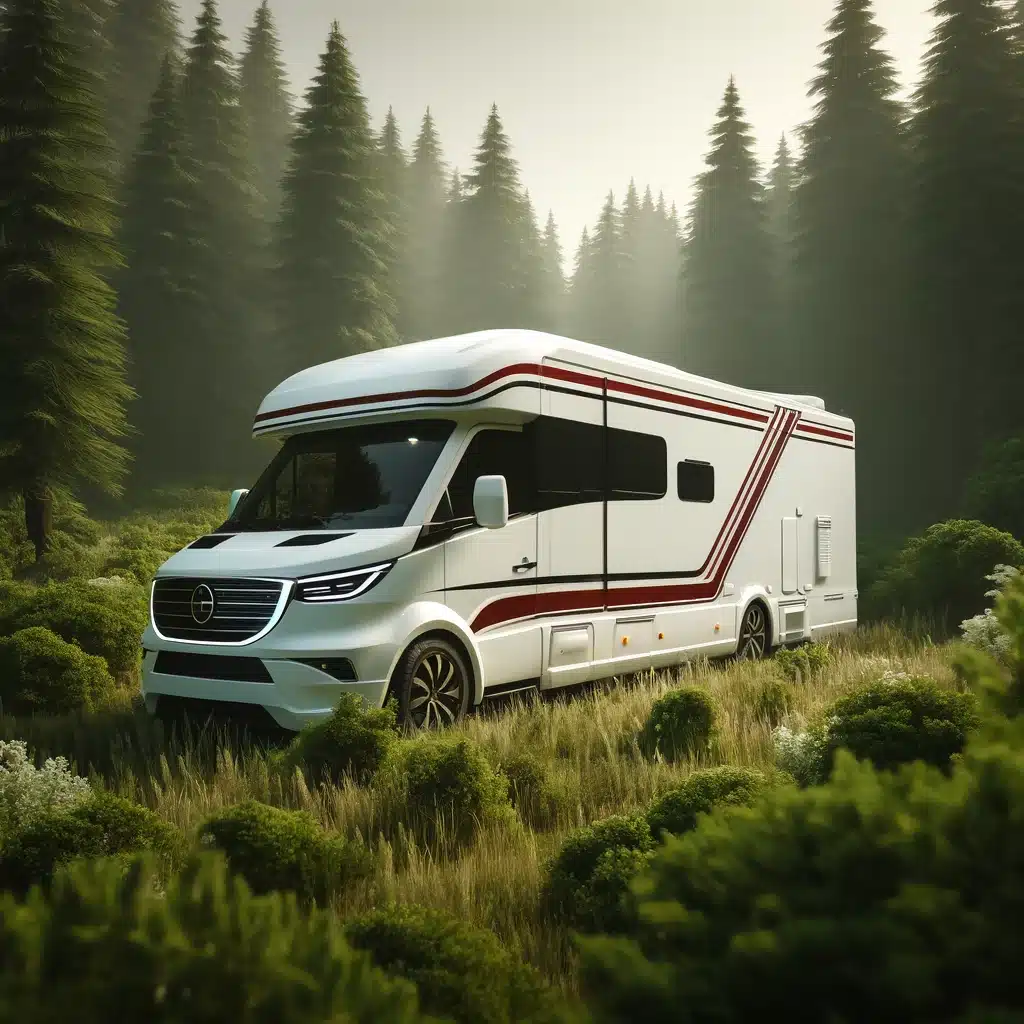 Camping-car moderne en forêt.