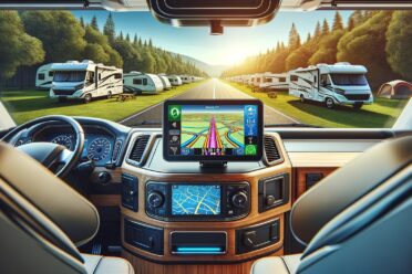 Intérieur voiture, GPS, camping-cars, route vacances.