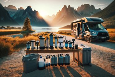 Camping-car et équipements en nature au lever du soleil.