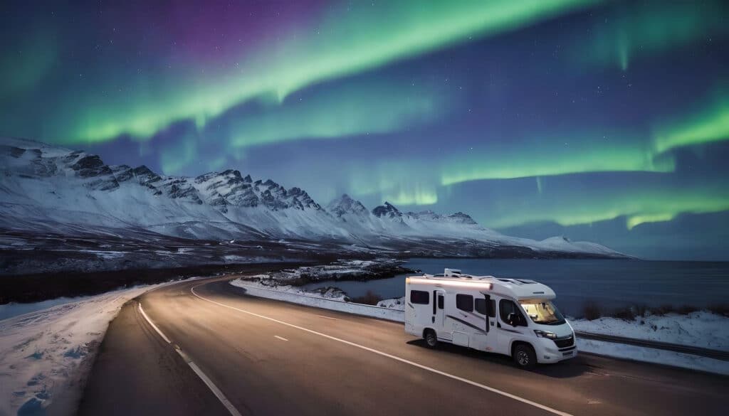 Camping-car sous aurores boréales et montagnes enneigées.