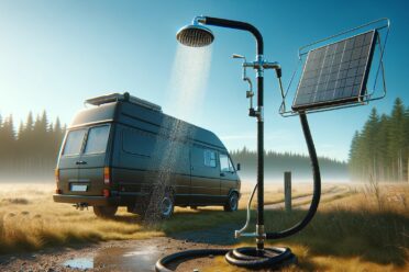Douche extérieure solaire et van en forêt.