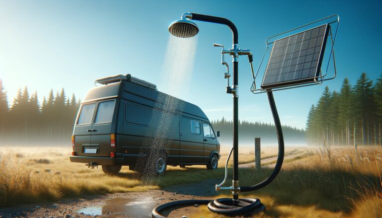 Douche extérieure solaire et van en forêt.