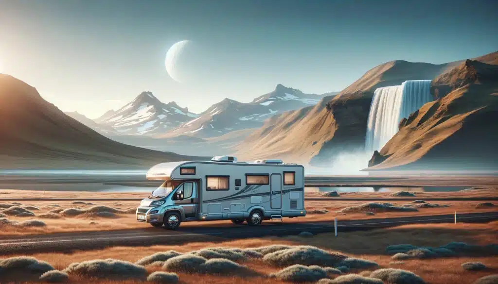 Camping-car devant cascade et montagnes lunaires.