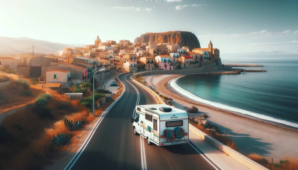 Camping-car voyageant près d'une ville côtière pittoresque