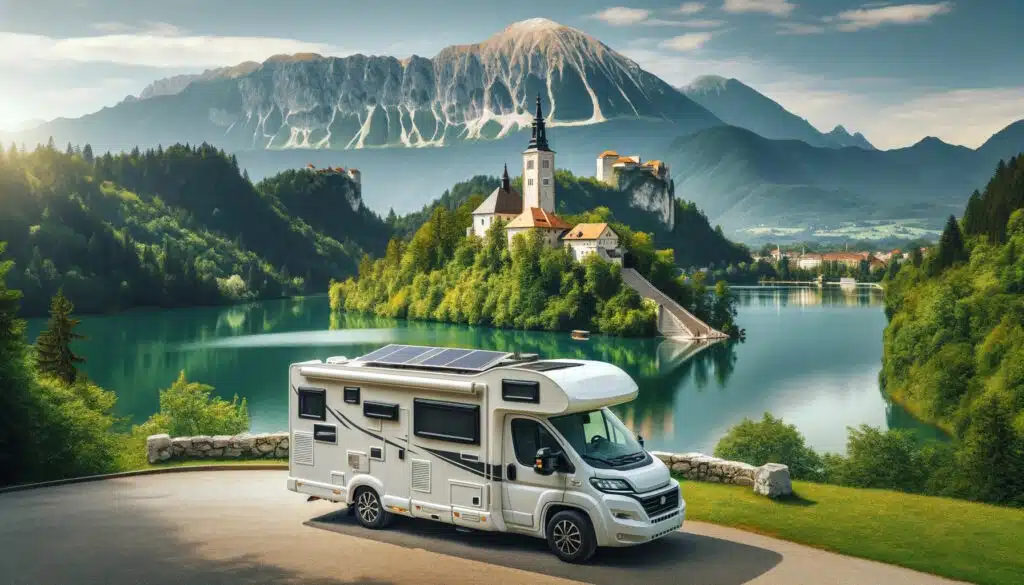 Camping-car près d'un lac alpin et château.