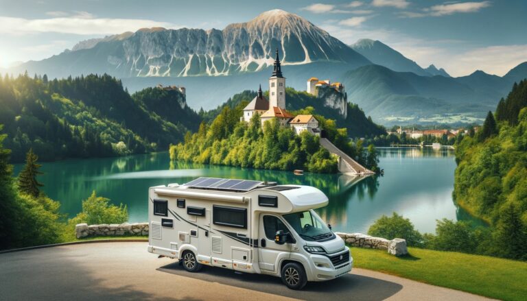 Camping-car près d'un lac alpin et château.