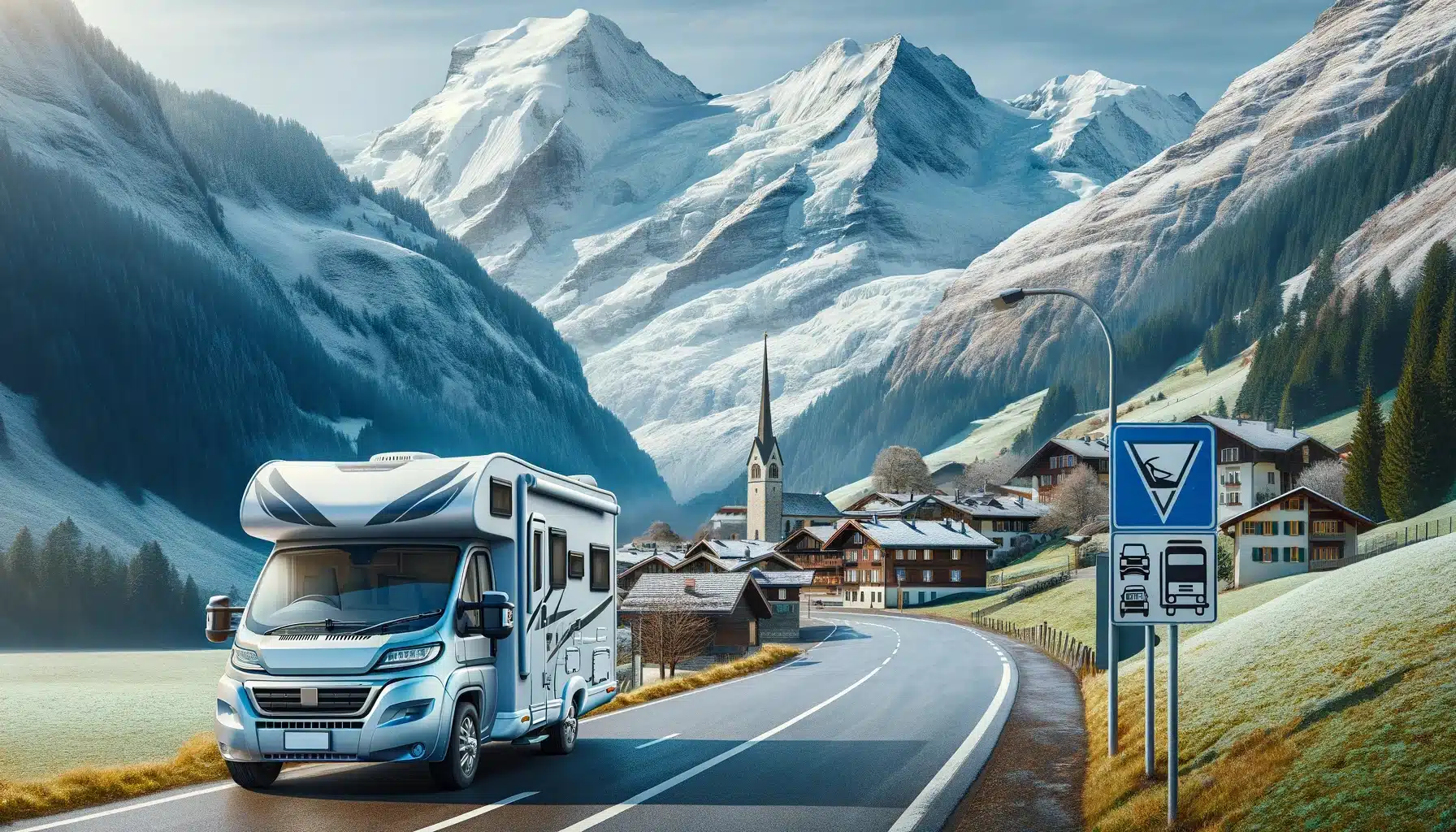 Camping-car voyage montagnes enneigées village alpin.