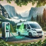 Camping-car électrique rechargeable dans la nature.