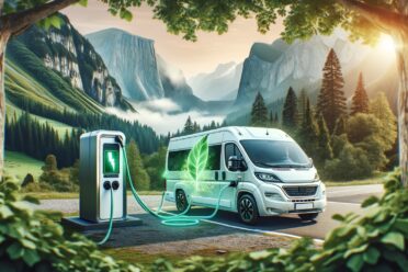 Camping-car électrique rechargeable dans la nature.