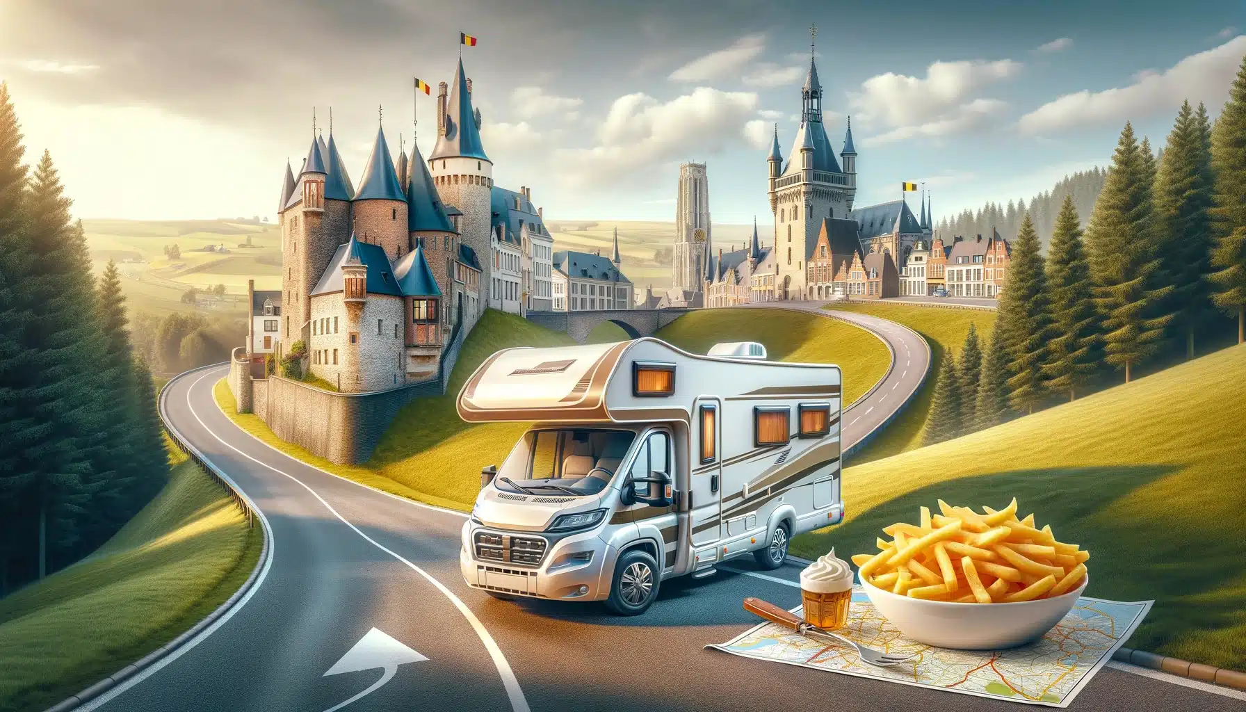 Camping-car, châteaux, route, frites, voyage en Europe