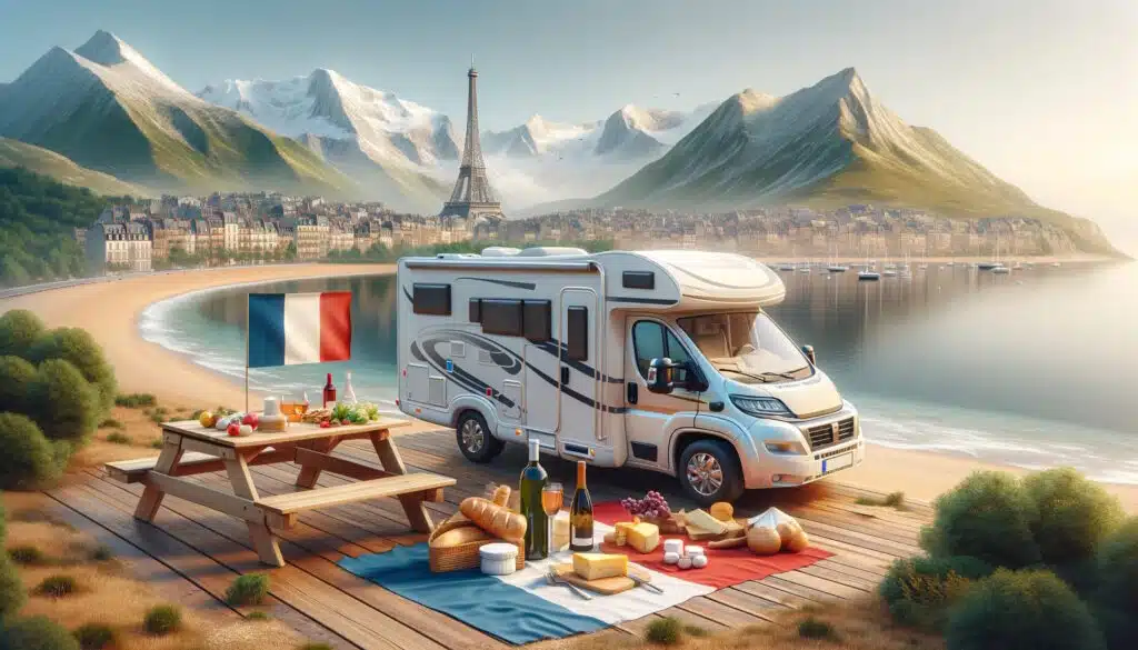 Camping-car et pique-nique en France, montagnes et Tour Eiffel.