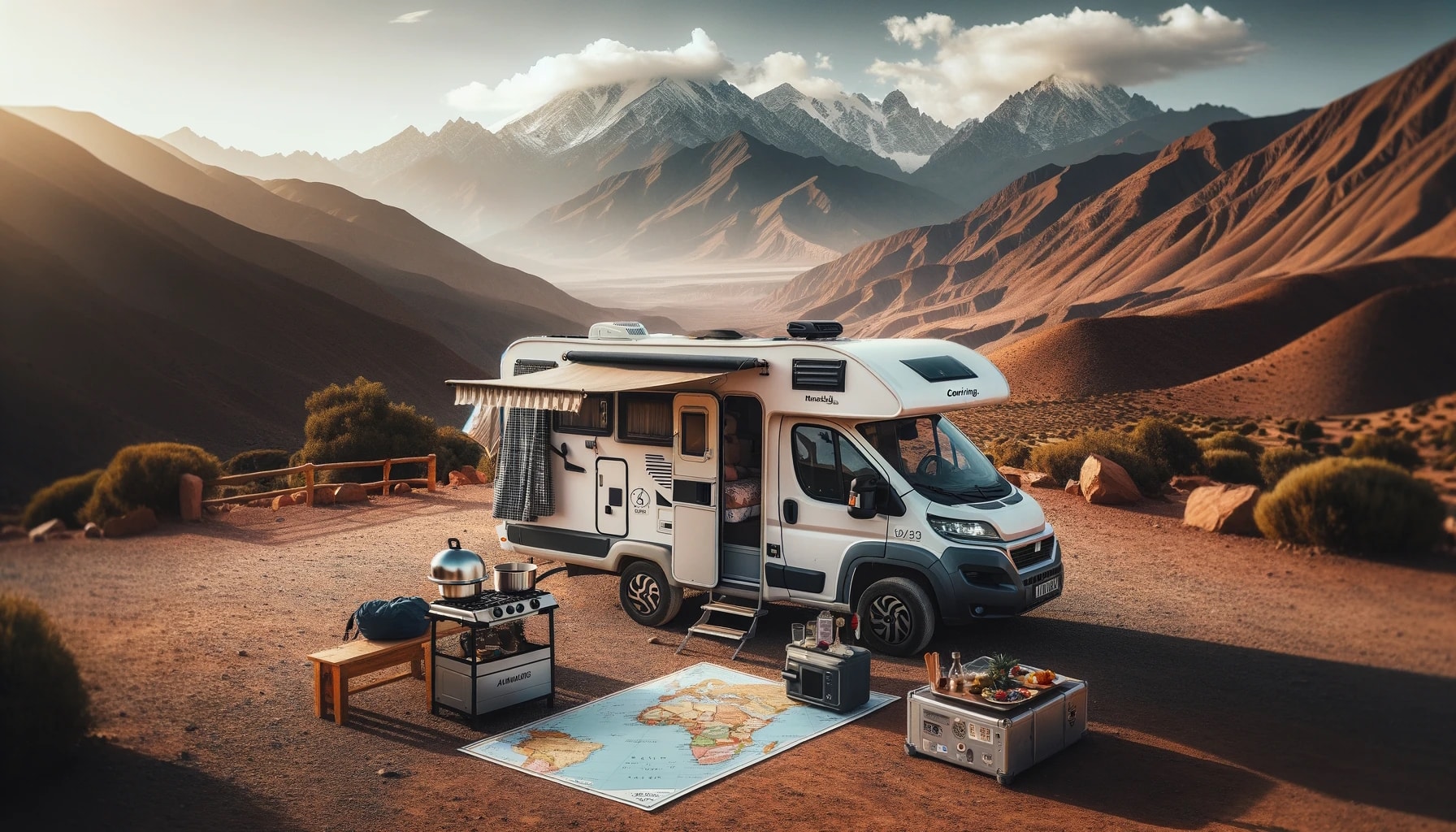 Camping-car en montagne au coucher du soleil.