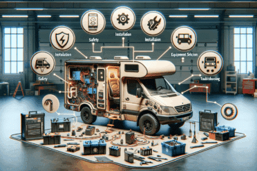 Atelier mécanique, van démonté, outils, diagrammes, électricité.