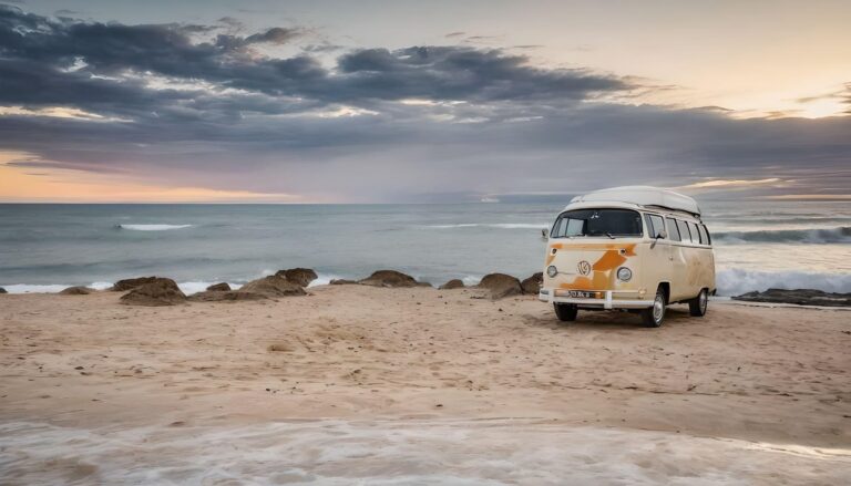 Combi Volkswagen sur plage au coucher de soleil.