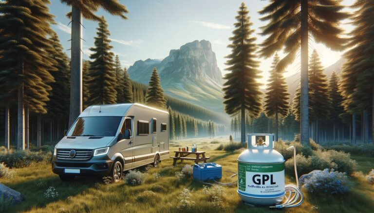 Camping-car et GPL en forêt au lever du soleil.