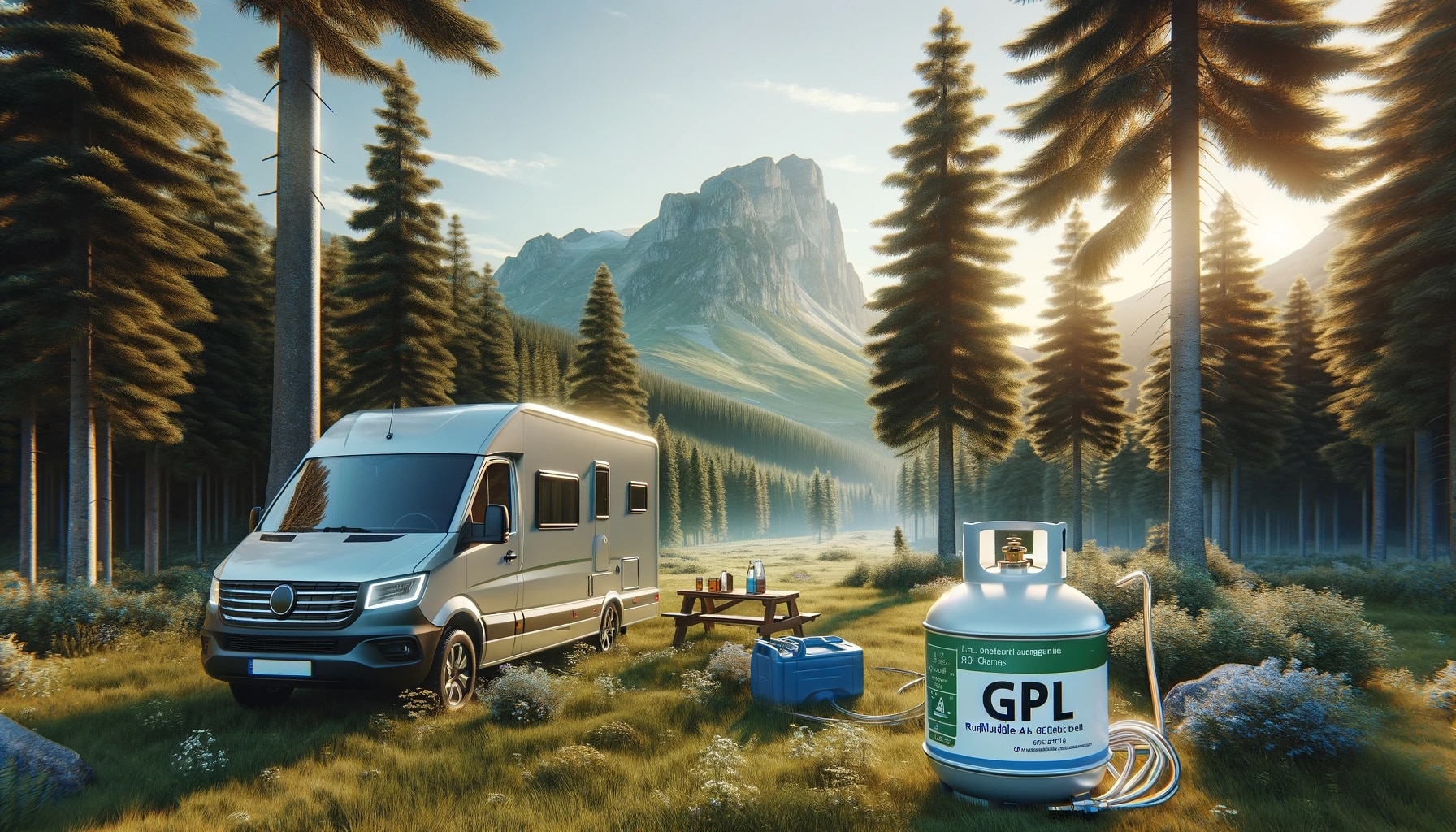 Camping-car et GPL en forêt au lever du soleil.