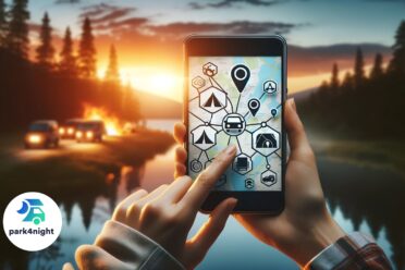 Application mobile pour camping en nature au coucher du soleil.