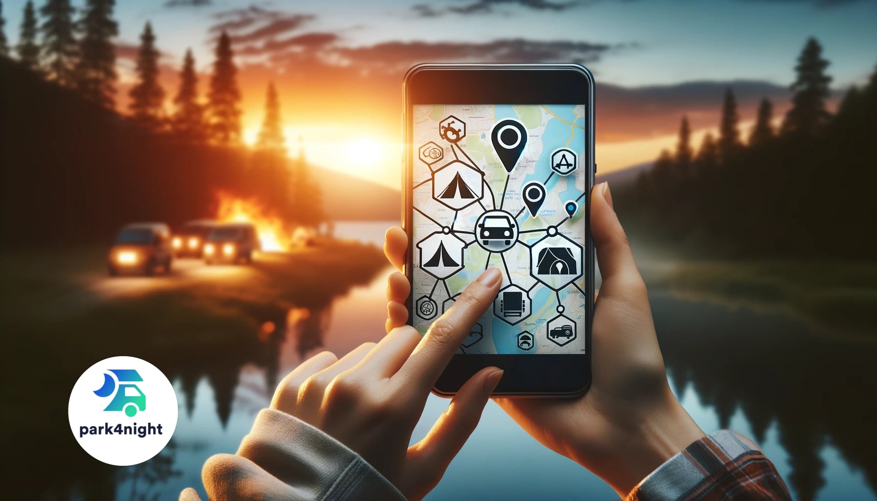 Application mobile pour camping en nature au coucher du soleil.