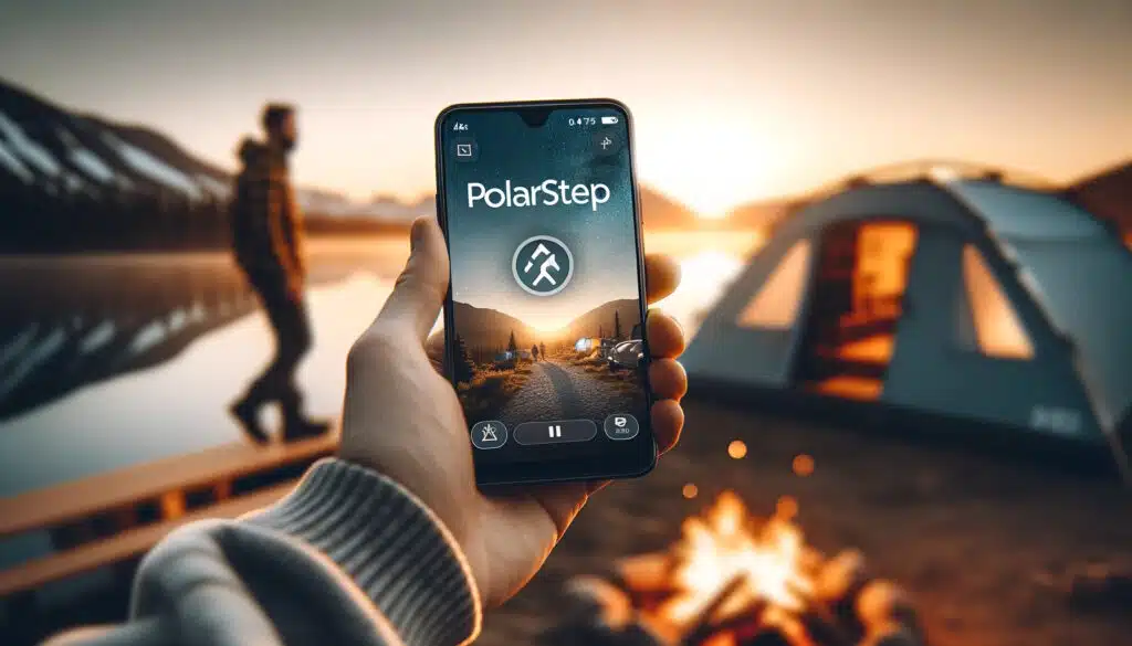 Application PolarStep sur smartphone lors d'un camping au crépuscule.