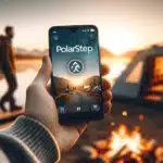 Application PolarStep sur smartphone lors d'un camping au crépuscule.