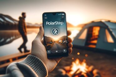 Application PolarStep sur smartphone lors d'un camping au crépuscule.