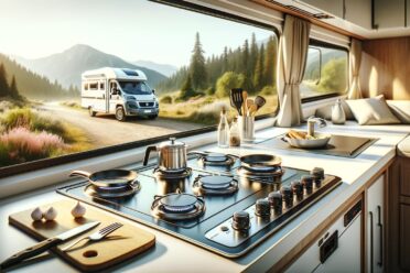 Intérieur de camping-car moderne devant paysage montagneux.