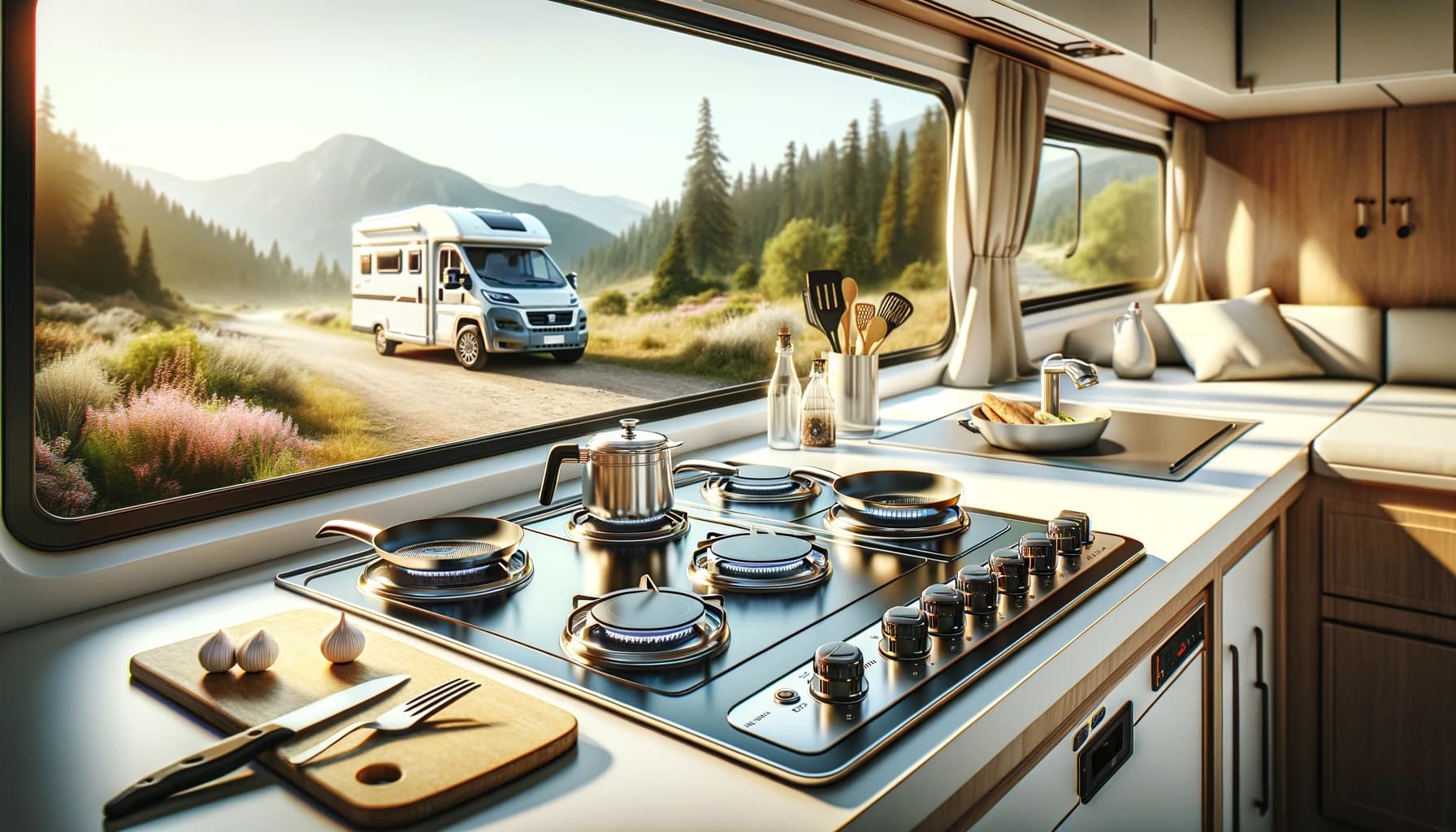 Intérieur de camping-car moderne devant paysage montagneux.
