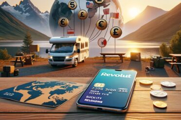 Camping-car voyage, finance numérique, paysage montagneux au crépuscule.