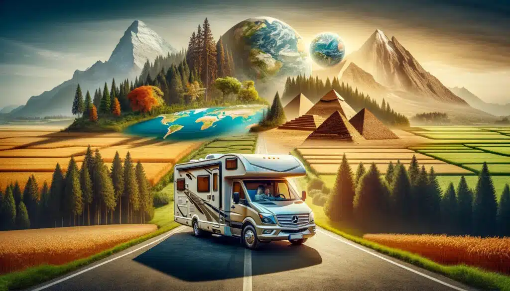 Camping-car voyageant dans paysage surréaliste et diversifié