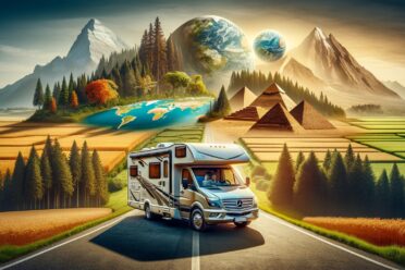 Camping-car voyageant dans paysage surréaliste et diversifié