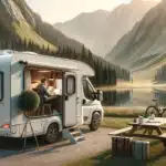 Camping-car dans paysage montagneux au lever du soleil.