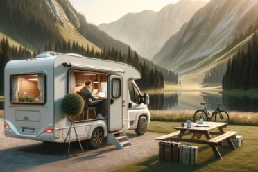 Camping-car dans paysage montagneux au lever du soleil.