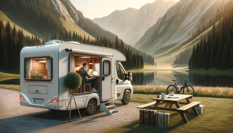 Camping-car dans paysage montagneux au lever du soleil.