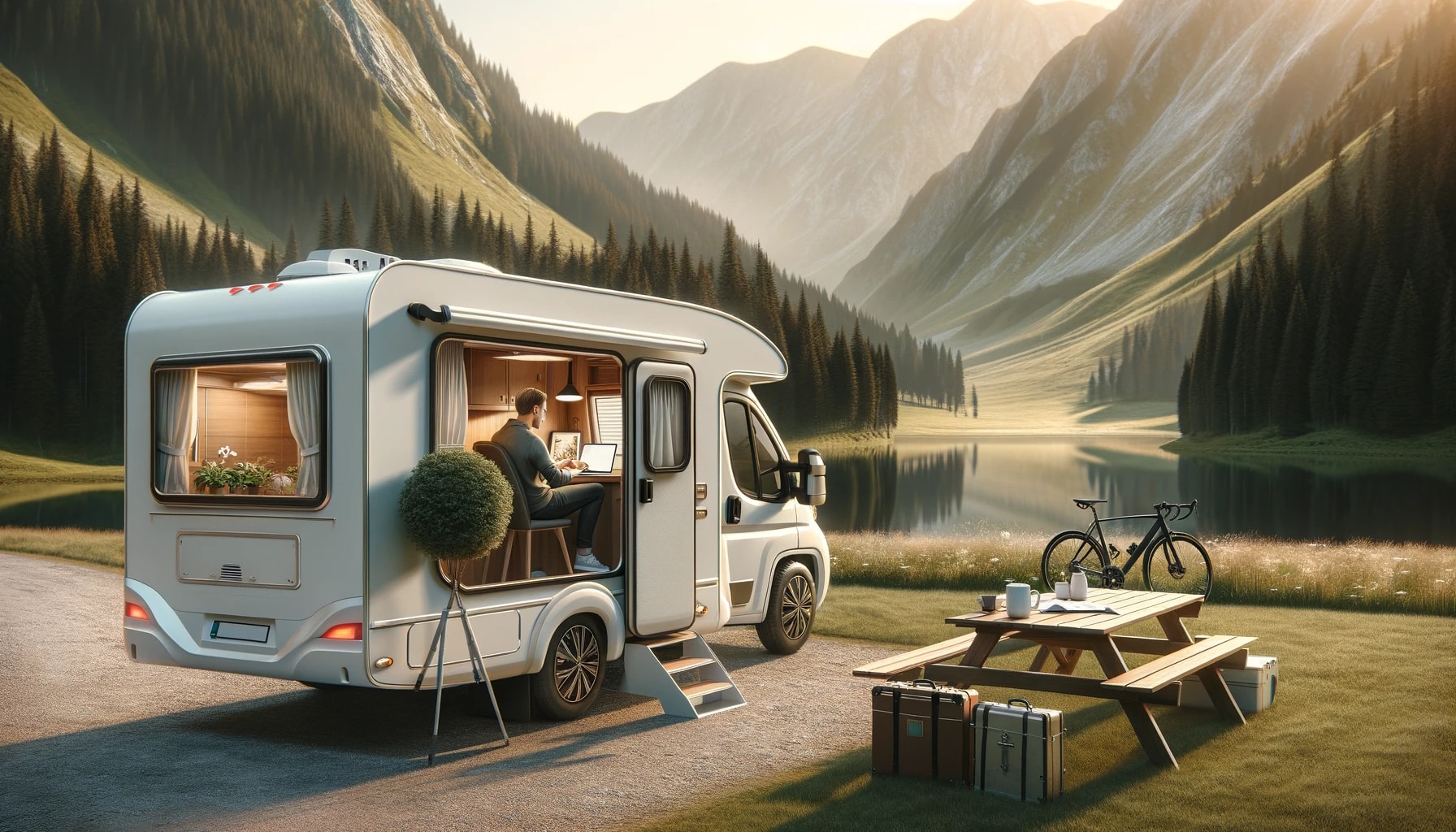 Camping-car dans paysage montagneux au lever du soleil.