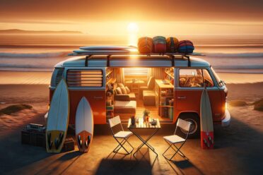 Van aménagé sur plage au coucher de soleil.