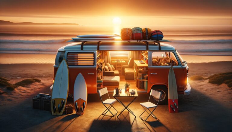 Van aménagé sur plage au coucher de soleil.