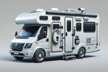 Camping-car moderne gris stationné.