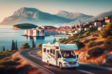 Camping-car voyageant sur une route côtière au coucher du soleil.