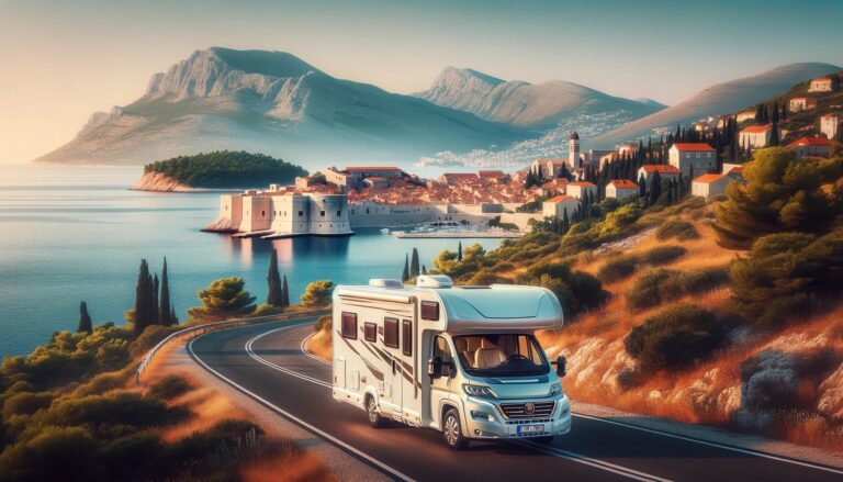 Camping-car voyageant sur une route côtière au coucher du soleil.