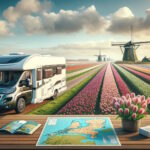 Camping-car devant champs tulipes Hollande