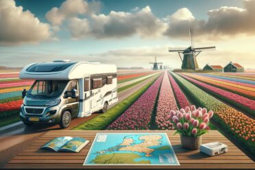 Camping-car devant champs tulipes Hollande