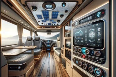 Intérieur moderne de camping-car de luxe au coucher de soleil.