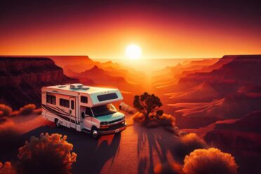 Camping-car devant coucher de soleil au Grand Canyon.