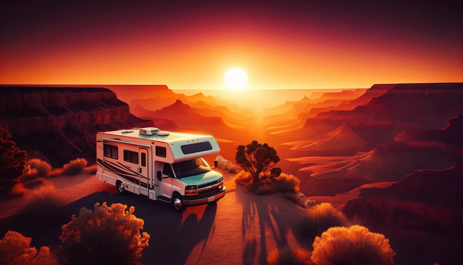Camping-car devant coucher de soleil au Grand Canyon.