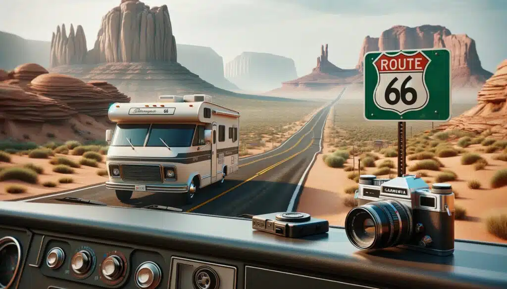 Camping-car et appareil photo sur Route 66.