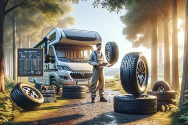 Mécanicien vérifiant pneus, camping-car en forêt.